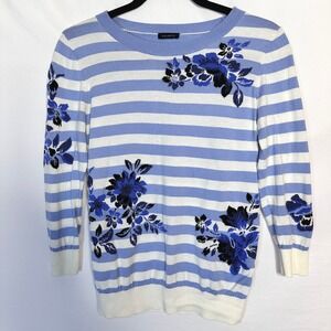 TALBOTS Blue White Striped Floral 3/4 Sleeve Cotton Rayon Knit Sweater Small